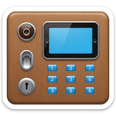 wooden rectangle keypad with a blue small screen and a door holder sticker