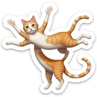 ginger and white cat with green eyes doing a big extremely long stretch reaching up into the air with arms and legs side by side together straight and overextended whilst lying on its side sticker