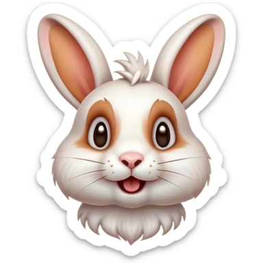 Cinematic Comical White and Brown Rabbit Portrait Emoji, Head tilted dramatically with an exaggeratedly amused expression, featuring a striking fur with a playful mix of white and brown patches, wide, expressive eyes filled with playful disbelief, Simplified yet hilariously expressive features, highly detailed, glowing with a slightly sassy glow, high shine, dramatic yet playful, stylized with an air of cheeky mischief, bright and endearing, soft glowing outline, capturing the essence of a spirited and over-the-top bunny, so meme-worthy it feels like it could side-eye its way into internet fame instantly! sticker