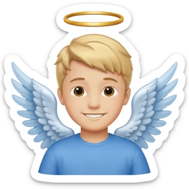 smiling boy in blue shirt with angel wings sticker