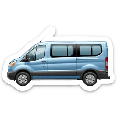 light blue Ford Transit passenger wagon, side profile facing right, small sticker