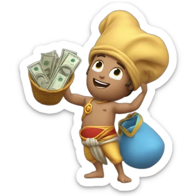 genie on the rocket holding the big sack of money 4k sticker
