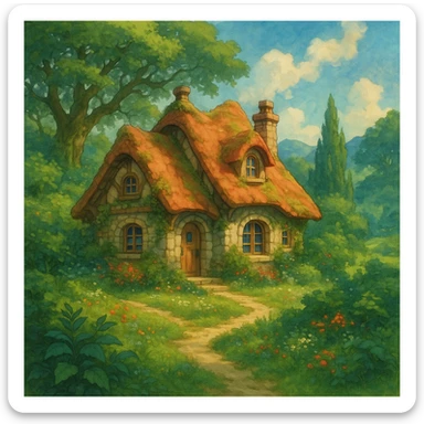a cozy cottage in a magical landscape, ghibli style, detailed, enchanting, lush environment sticker
