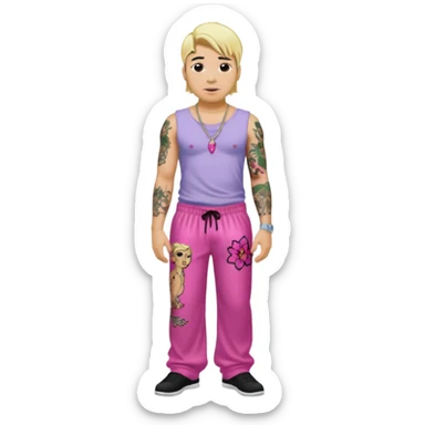 Chino Moreno with blonde hair, dark pink sequin baggy pants, shirtless with necklace sticker