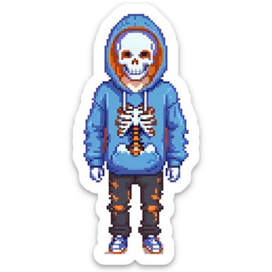 Sans from Undertale with glowing blue eye, skeleton with permanent grin, wearing blue hoodie sticker
