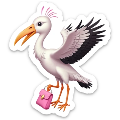 One white stork carrying a pink pouch while flying sticker