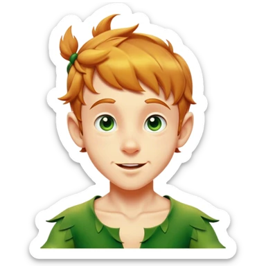 Cinematic Realistic Peter Pan Portrait, head tilted dramatically with an exaggeratedly amused expression, featuring sparkling eyes filled with playful mischief. His iconic outfit is rendered in vivid detail with dynamic shadows, capturing the delightful interplay of bravery and whimsy that defines his timeless character. sticker