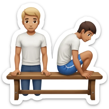 A man bent over a bench and andother man behind him sticker