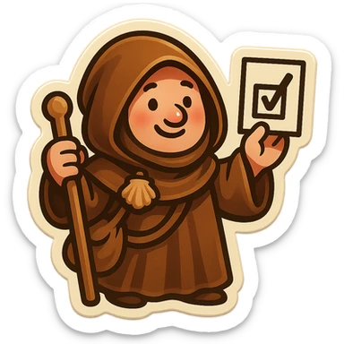 medieval pilgrim holding a voting slip, brown cloak, cute and funny, sticker style sticker