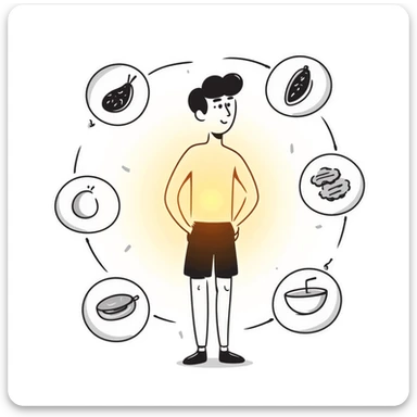 A warm glowing orb with food icons (meat, egg, beans, tofu, yogurt) orbiting around a semi-transparent muscular human body. The body is illuminated from within, with subtle muscle fibers that vibrate and expand. sticker