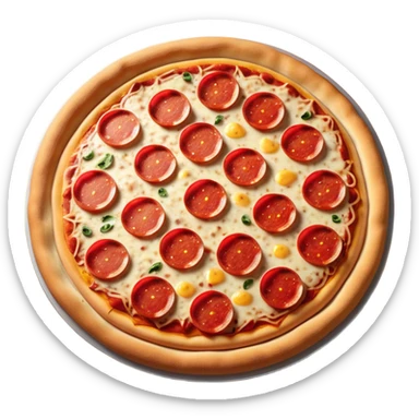 "A whole pepperoni pizza, hyper-realistic, glossy 3D illustration, soft studio lighting, bright red pepperonis, yellow cheese, brown crust, white background, iOS emoji style." sticker