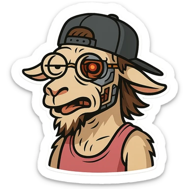goat-terminator for Telegram stickers inspired by reference https://attic.sh/feoducyurkpqwz0la088soao98sx: wearing a cap, glasses, mullet hairstyle, pink drunkard tank top.  sticker