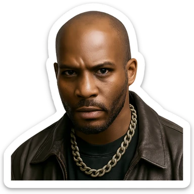 rapper DMX, close-up, intense eyes, goatee, chain necklace, hip hop fashion sticker