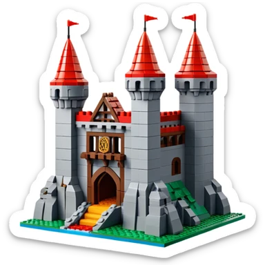 A photorealistic icon featuring a large medieval castle built from LEGO bricks, with detailed textures of the bricks, turrets, and drawbridge. The design captures the creativity and intricacy of LEGO construction with vibrant colors and realistic lighting. Transparent background sticker