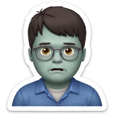 An emoji of a slightly chubby male zombie with dark brown hair and bangs down to his eyebrows, wearing square, bluish glasses. sticker