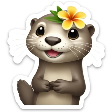 A happy and cute otter face holding a Hawaiian flower sticker