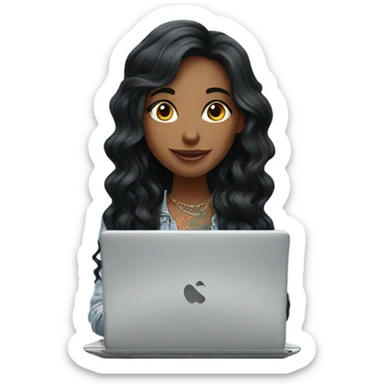 beautiful girl, with tattoos, with long black hair, wavy hair, argentin, with laptop sticker