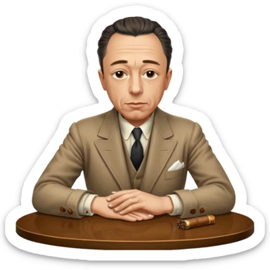 Albert Camus with a small cigar between his fingers, and with his both arms folded together loosely on the table. He looks chic, intellectual, philosophical, yet not so serious, thus so having fatal charm and attractive. sticker