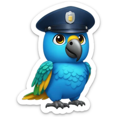 close up view of cute blue parrot in police hat sticker