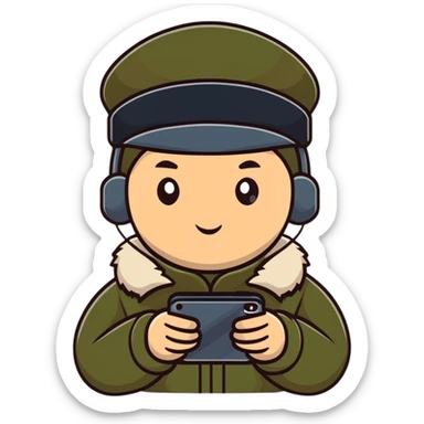 Russian military blogger wearing an ushanka hat and a vatnik, holding a smartphone sticker