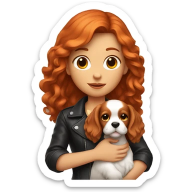 red-haired girl in leather holding a Cavalier puppy sticker