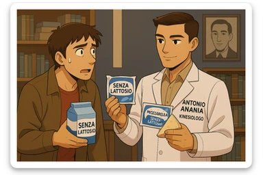 fai un webtoon manga a colori con questo stile, in cui un uomo ASCOLTA Il kinesiologo con il camice bianco (fagli anche la scritta "ANTONIO ANANIA" SUL CAMICE, IL KINESIOLOGO SPIEGA ALL'UOMO UNA MOSTRANDO VARI PRODOTTI DA SUPERMERCATO CONFEZIONATI (TIPO SCATOLA DI LATTE, MOZZARELLE CONFEZIONATE, FORMAGGIO CONFEZIONATO), OGNI CONFEZIONE HA LA SCRITTA "SENZA LATTOSIO SULL'ETICHETTA. L'UOMO OSSERVA IL KINESIOLOGO CON ESPRESSIONE CONFUSA IN VOLTO. non fare i fumetti però, fai solo in modo che sembri stiano parlando sticker