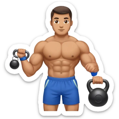 strong man with blue shorts holding kettlebell sticker