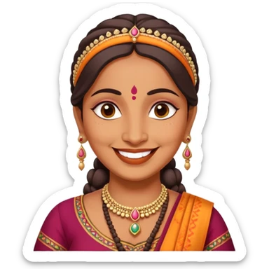 A cheerful Indian aunt (mausi) character with a plump face, smiling, wearing traditional Indian clothing and a bindi sticker