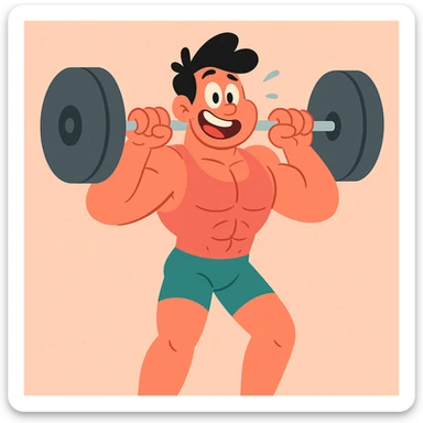 A muscular cartoon character lifting weights, CalArts 2010s cartoon style sticker