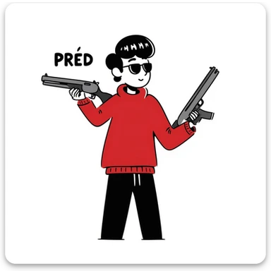 A guy in a red sweatshirt with sunglasses, with stylish black hair, holding a machine gun, and behind his back you can see the inscription: PRED sticker