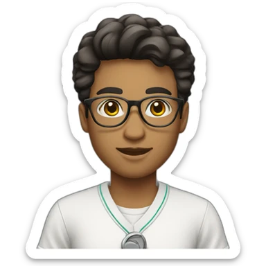 college student wearing white short sleeve uniform and black pants with eyeglass sticker