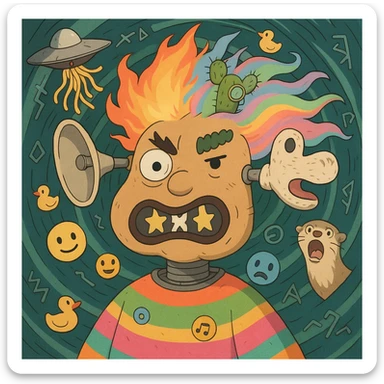 chaotic character with lumpy stretched potato face, mismatched eyes (one googly, one angry dot), glitching mouth, star teeth, big nostril, wild eyebrows (lightning bolt, caterpillar), satellite dish and sock puppet ears, explosive fire and pastel rainbow hair with cactus wearing monocle, UFO dropping spaghetti, robotic body in neon poncho with floating emojis, vortex background with rubber ducks, runes, screaming ferret sticker