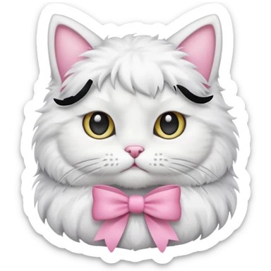 A white cat wearing a pink bow sticker