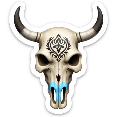 A bull skull with black tribal markings painted on it  sticker