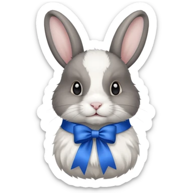 a white and black realistic domestic rabbit with a blue ribbon on its neck sticker