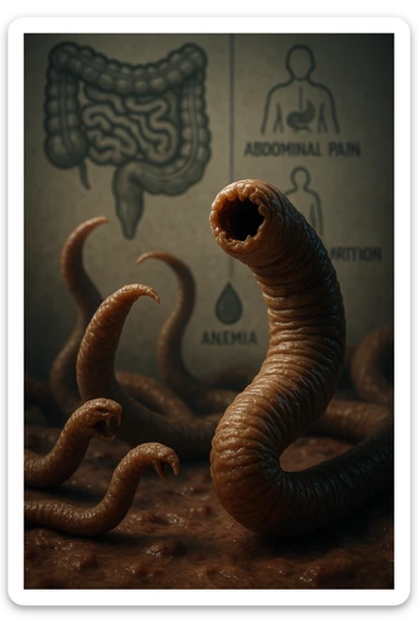 Vertical, cinematic, realistic image of intestinal parasites in focus, with background elements suggesting the diseases they cause. Dramatic clinical light, 2:3 aspect ratio. sticker
