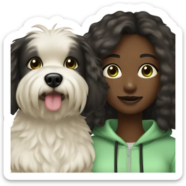 Little black furry dog next to pretty girl with long brown hair green eyes and a comfortable cream colored sweatsuit sticker