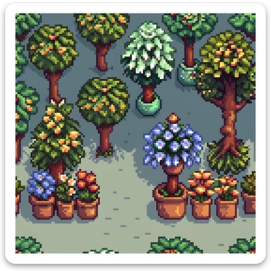 garden scene with flowers, trees, and plants sticker