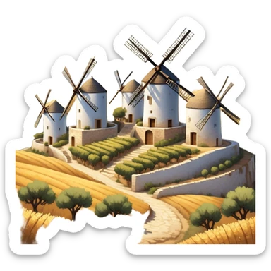 ​Cinematic Realistic Spanish Windmills (Mota del Cuervo), depicted as a cluster of gracefully aged windmills with weathered whitewashed facades and rustic wooden sails, standing proudly on a sunlit, rolling hillside of golden fields and olive groves, rendered with intricate textures and soft natural lighting that captures the timeless rural charm and historical significance of the Spanish landscape, sticker