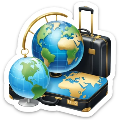 An icon featuring a suitcase, a hotel building, and a globe, symbolizing tourism and hospitality. The design includes a map with a marked destination and a key, representing travel and accommodation. Transparent background highlights the exploration and services of the hospitality industry. sticker