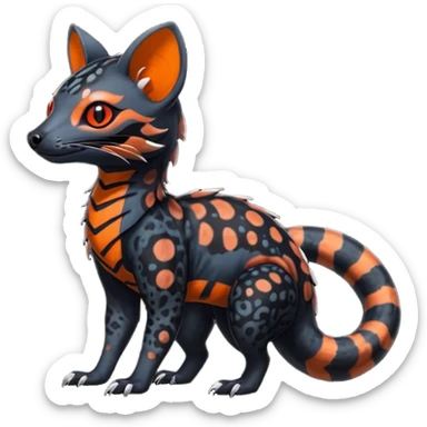 Rare warm-colored exotic edgy epic aesthetic spooky dark modern colorful cyber-Genet-Trico-Salandit-Civet-species-Fakemon-hybrid-creature, with beautiful intricate markings, full body sticker