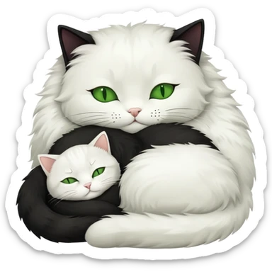 Big black cat with green eyes is sleeping with a small white cat sticker