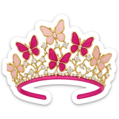 butterfly crown with a hot pink base, butterflies in magenta and blush enamel, sparkling gems, transparent background sticker
