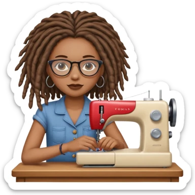 A beautiful African American girl, flawless medium skin tone, glasses, slightly rosey cheeks, natural chin length dread locks, sitting with her sewing machine, still life, 3D rendering, ultra realistic highly detailed, 4k, no emoji icons, no emoji faces. sticker