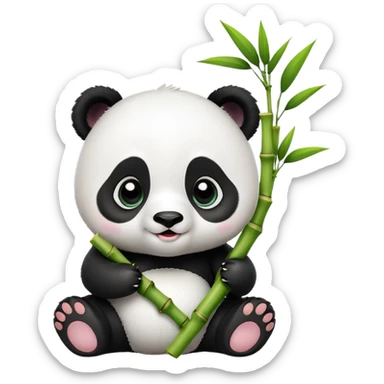 A 3D baby panda sitting and happily eating bamboo, big shiny eyes, cute and cartoonish style, soft lighting, high quality sticker