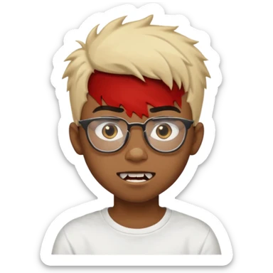 Black Male Teenager with Short punk messy blonde hair, Dark brown bushy eyebrows large expressive golden-brown eyes, wearing a plain white t-shirt, wearing glasses, Dark Brown skin color. vampire tooth sticker