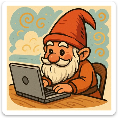 a gnome sitting at a laptop, working diligently, in a whimsical cartoon style sticker