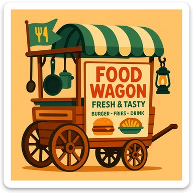 retro food wagon with wooden base, two big spoked wheels, pull handle, curved green and cream striped canopy, signboard saying 'Food Wagon' in red, 'Fresh & Tasty', listing 'Burger – Fries – Drink', burger and food plate drawings, frying pan and pot hanging from frame, black lantern dangling at rear, green flag with fork and knife icons at front, warm soft inviting look sticker