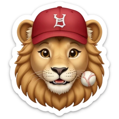 friendly anthropomorphised female lion head and shoulders wearing a baseball cap sticker