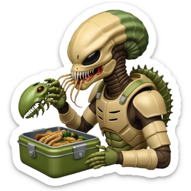 The Predator with full armor and mask eating an Alien facehugger from a lunchbox, the setting should be dark and real. sticker